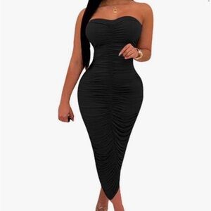 Strapless Ruched Bodycon Midi Dress - Black